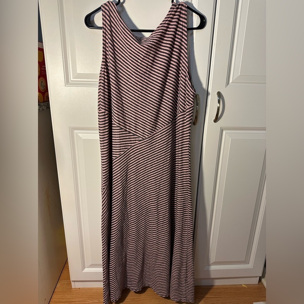 Cut loose large pink gray striped sleeveless tank maxi dress linen cotton blend - Picture 7 of 8